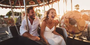 A bride and groom laughing on a carousel ride. Just real life wedding photography