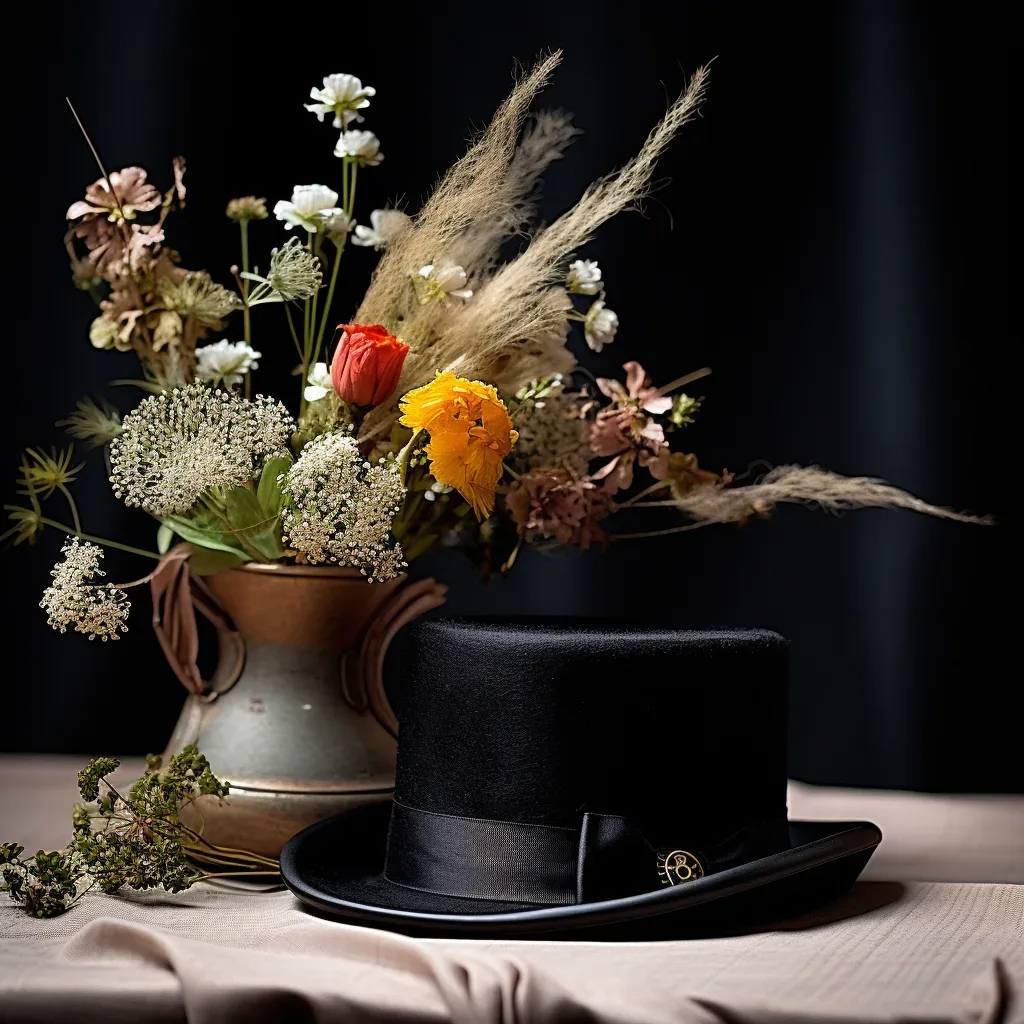 A top hat and flowers on a table at Orchardleigh House Frome