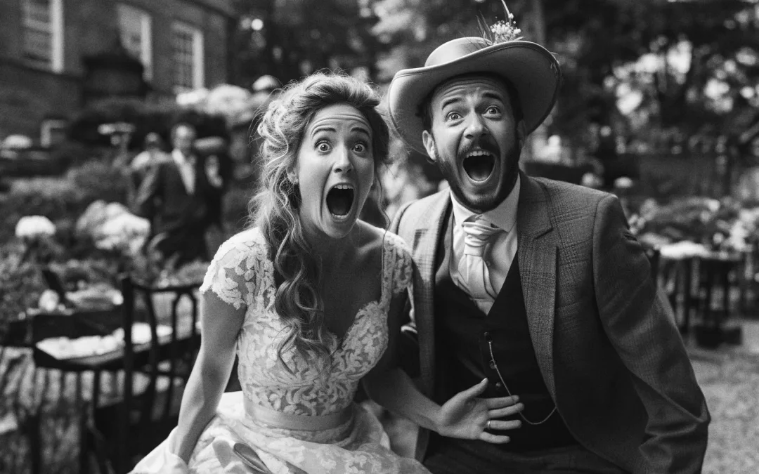 A black and white photo of a bride and groom with their mouths open. Exclusive Wedding Photography Offer. Weddings in Frome