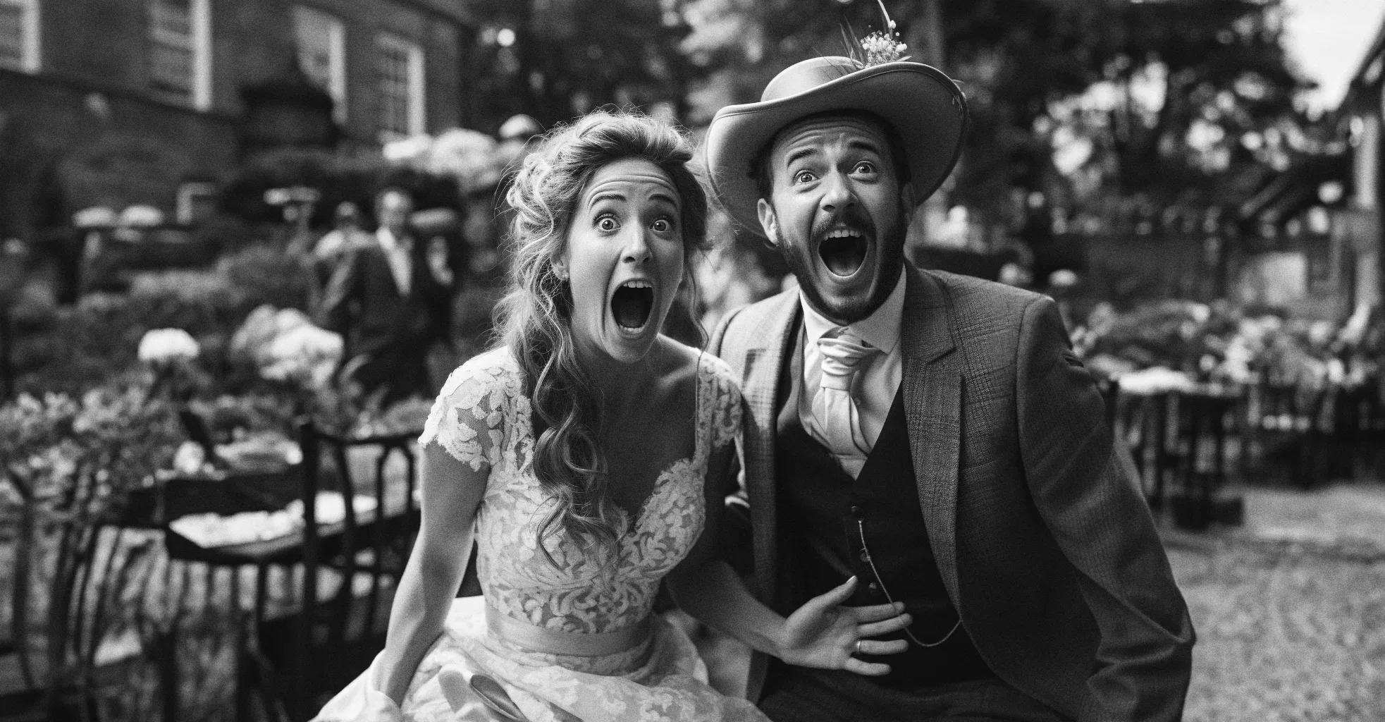 A black and white photo of a bride and groom with their mouths open. Exclusive Wedding Photography Offer