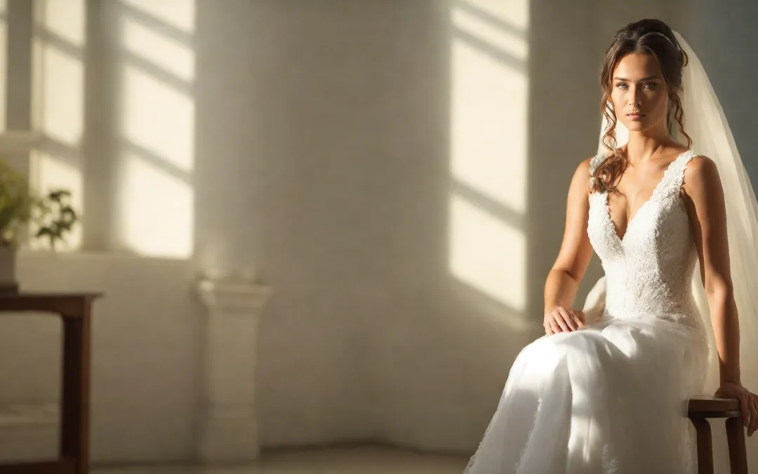 A bride in a white wedding dress sitting on a chair. Top Wedding Photographer Bath