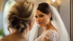 A bride looking at herself in the mirror. Wedding Photographer Bath