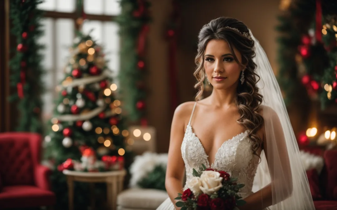 A bride in a wedding dress standing in front of a christmas tree. Wedding Guide