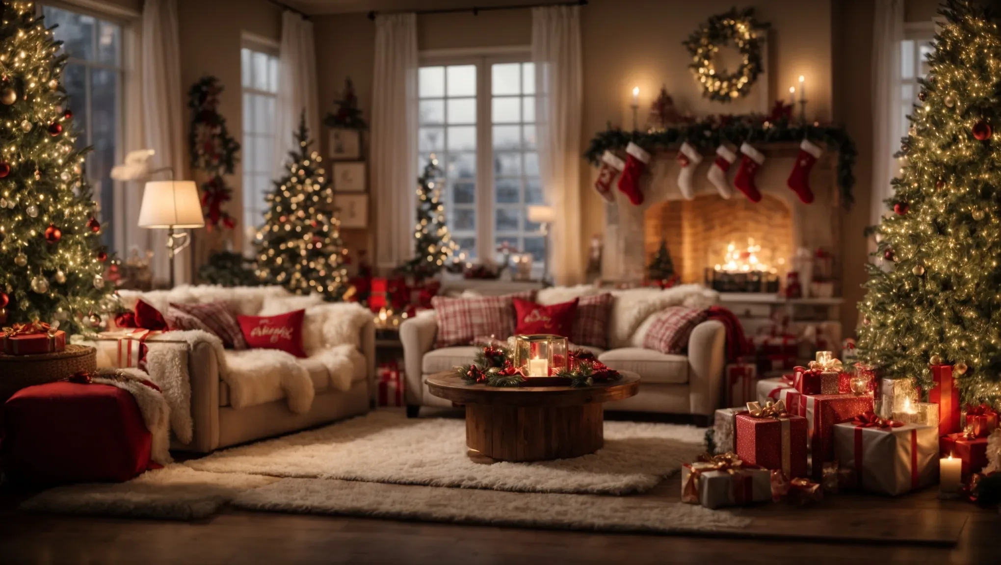 A living room decorated for christmas with christmas trees and presents. Christmas Weddings