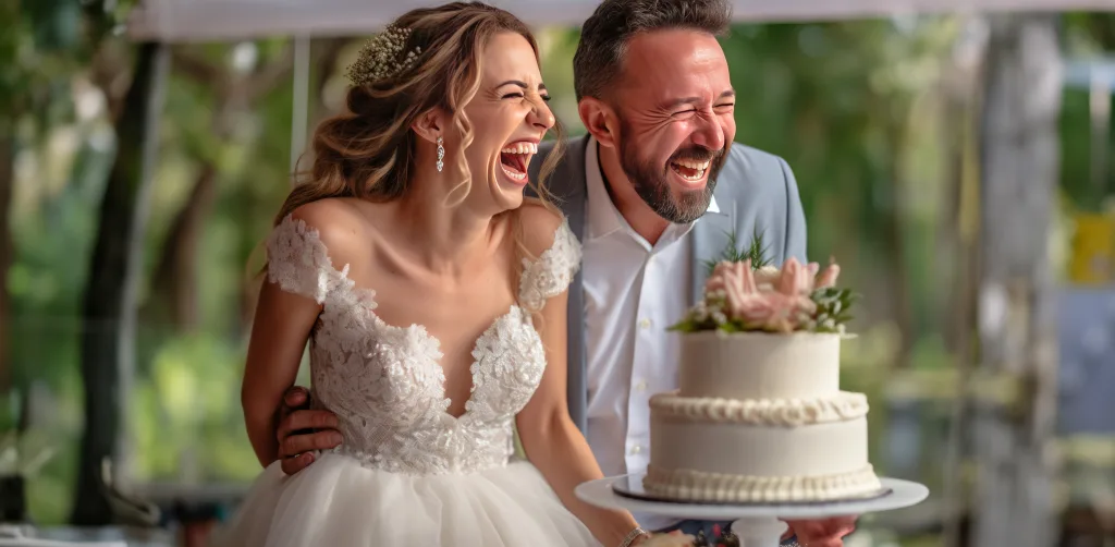 A bride and groom laughing while cutting their wedding cake. The new Candid style 2024 at St Andries park