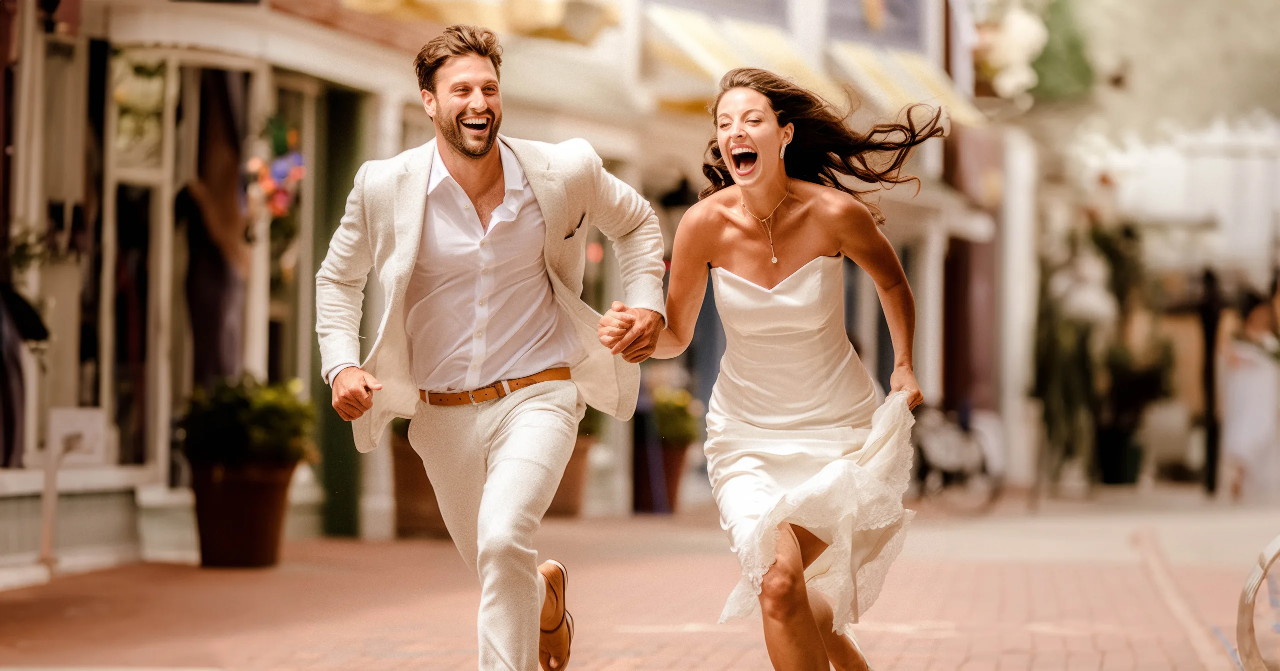 A bride and groom running down a street. the way to document you wedding day