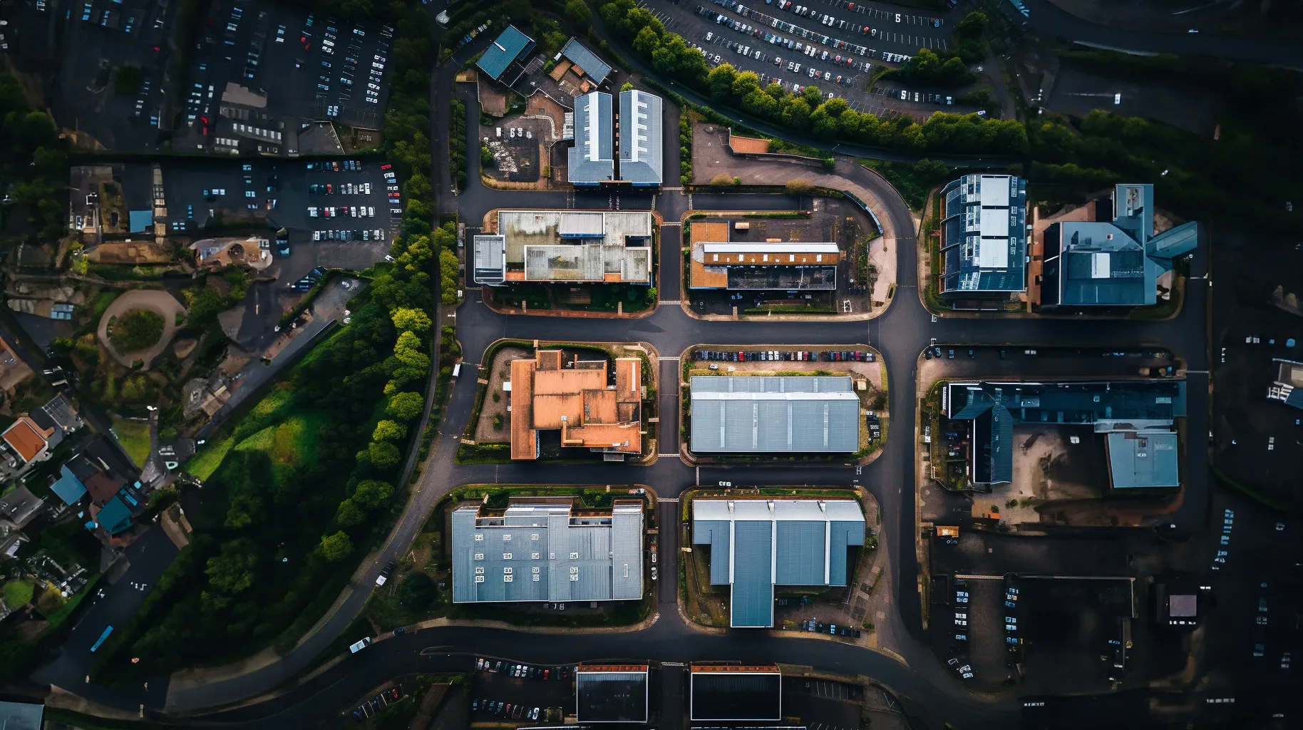 An aerial view of a city with buildings and trees. Frome SEO Services