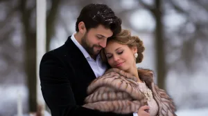 A man and woman hugging in the snow. Winter Weddings at Orchardleigh and Bath Spa Hotel and Priston Mill