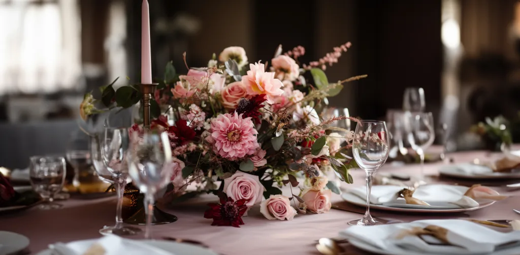 A pink and gold table setting with flowers. Discount Wedding Photography The Manor House Castle Combe