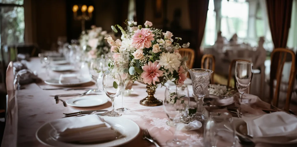 A table set with pink flowers and silverware Wedding Photography Offer at The Manor House Castle Combe UK