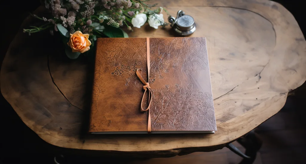 A leather journal sitting on a wooden table at Wick farm and St Andries Park Weddings