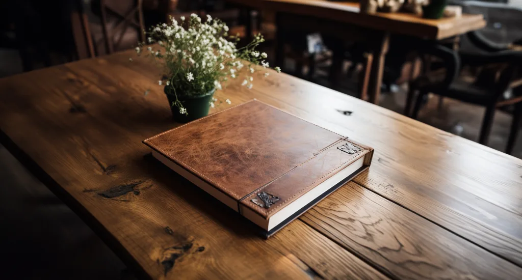 A brown book on a wooden table.wedding photography prices at Coombe Lodge Weddings