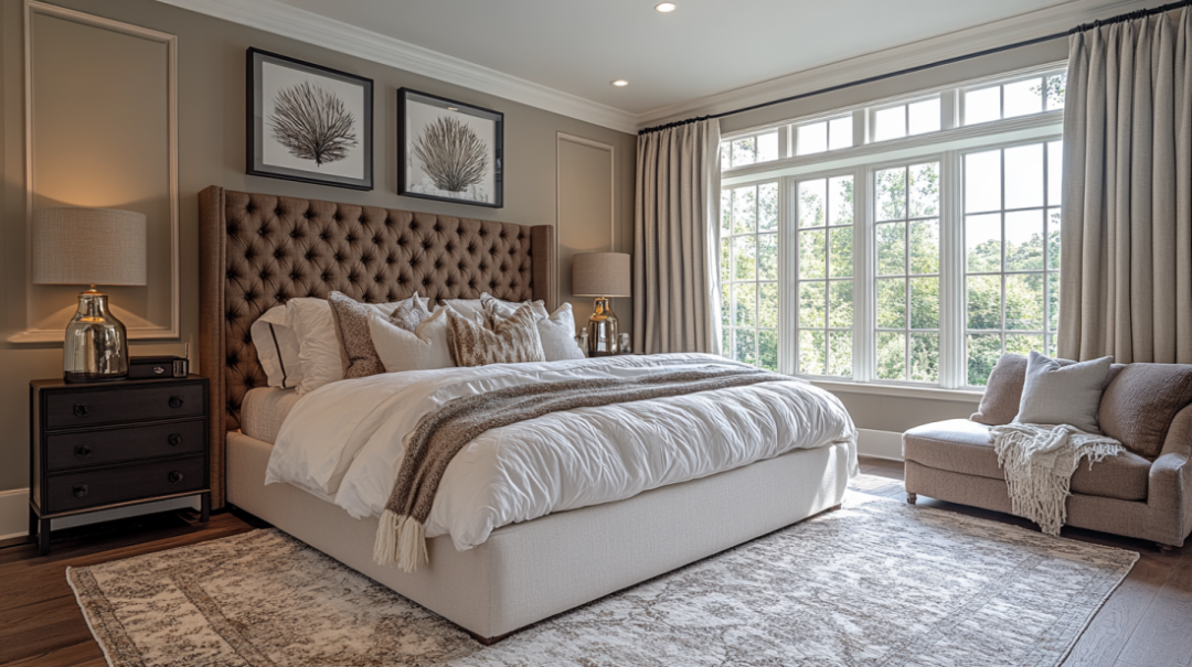 A well-lit bedroom with a large tufted headboard bed, pillows, and a throw blanket awaits in one of our luxury rooms in Bath for your wedding guests. Two side lamps illuminate the space, complemented by a rug, window with curtains, and a cozy chair with a throw.