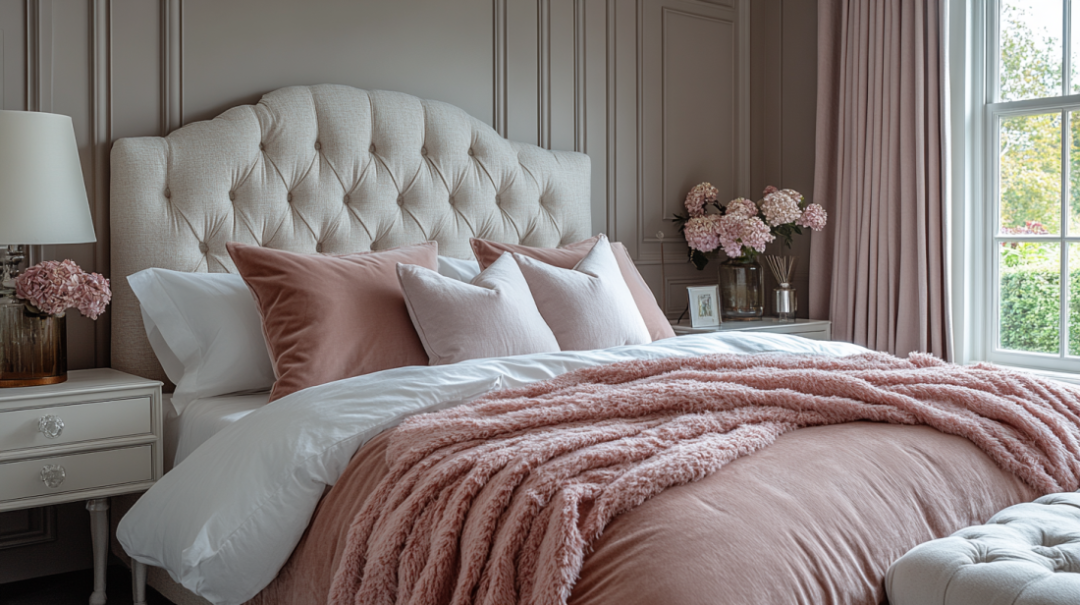 A neatly arranged bed with a tufted headboard, pink and white bedding, and decorative pillows highlights the luxury rooms in Bath for your wedding guests. A fluffy pink throw is draped across the bed. Two bedside tables hold lamps and floral arrangements.