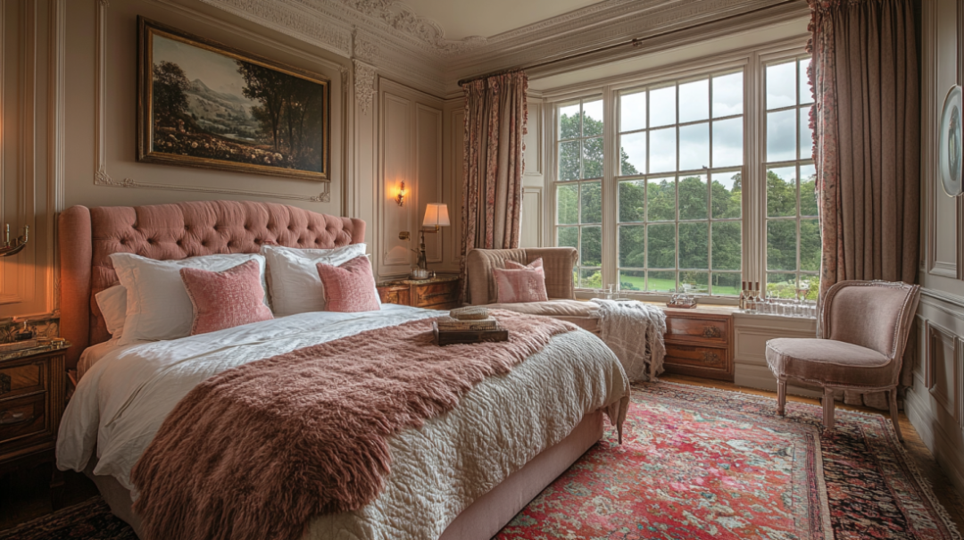 A cozy bedroom with a large bed, pink tufted headboard, and white bedding with pink throw pillows and blankets. A large window lets in natural light, illuminating the room's classic decor and landscape painting—perfect for luxury rooms in Bath for your wedding guests.