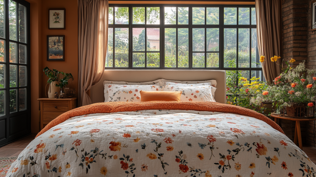 A luxury room in Bath for your wedding guests features a large bed adorned with a white floral-patterned comforter, an orange throw blanket, and matching pillow. The room boasts large windows, potted plants, and natural light streaming in.