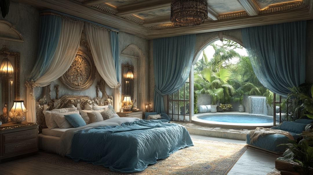 A luxurious bedroom with blue and white decor features an ornate bed and a large arched window offering a view of a tropical garden with a pool and waterfall, making it one of the finest luxury rooms in Bath for your wedding guests to enjoy.