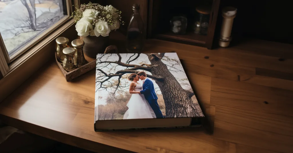 A wedding photo book on a table next to a window. wedding collection prices for The Manor Holcombe