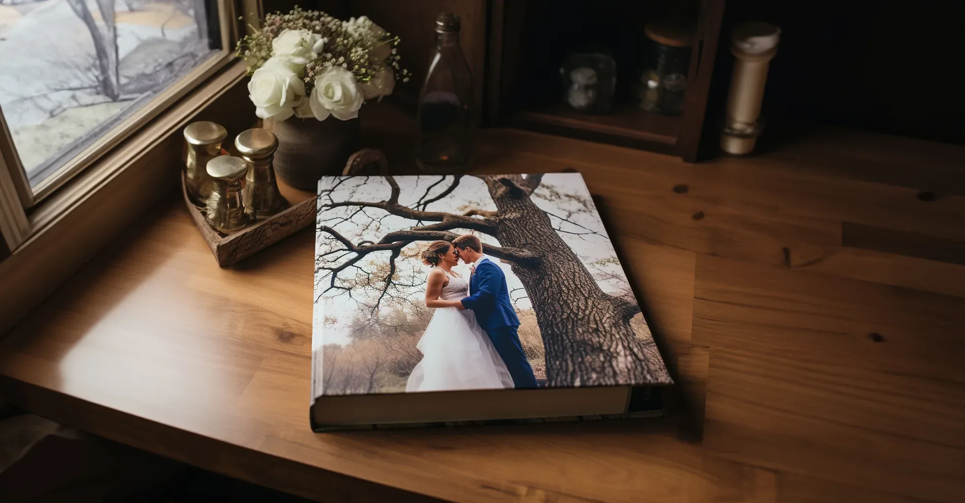 A wedding photo book on a table next to a window. wedding collection prices