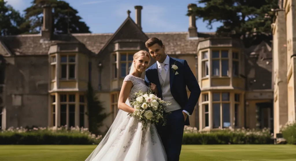 A bride and groom standing in front of a large mansion Castle Combe The Manor House Wedding Venue