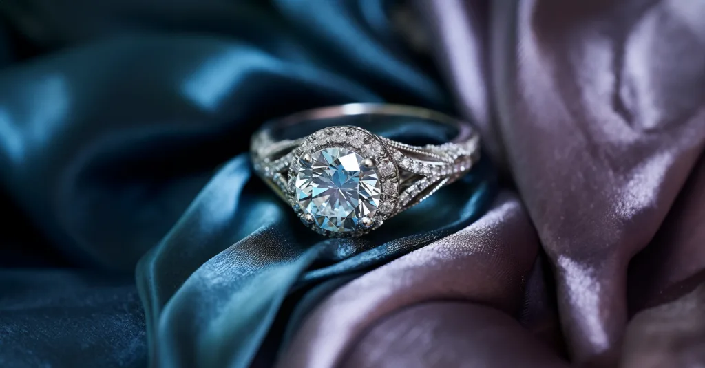 A diamond engagement ring on a blue satin at The Manor Holcombe Weddings