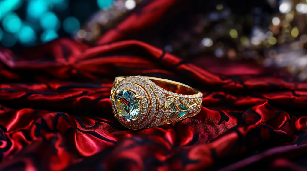 A gold ring on a red fabric. Holcombe Manor Wedding Photographer