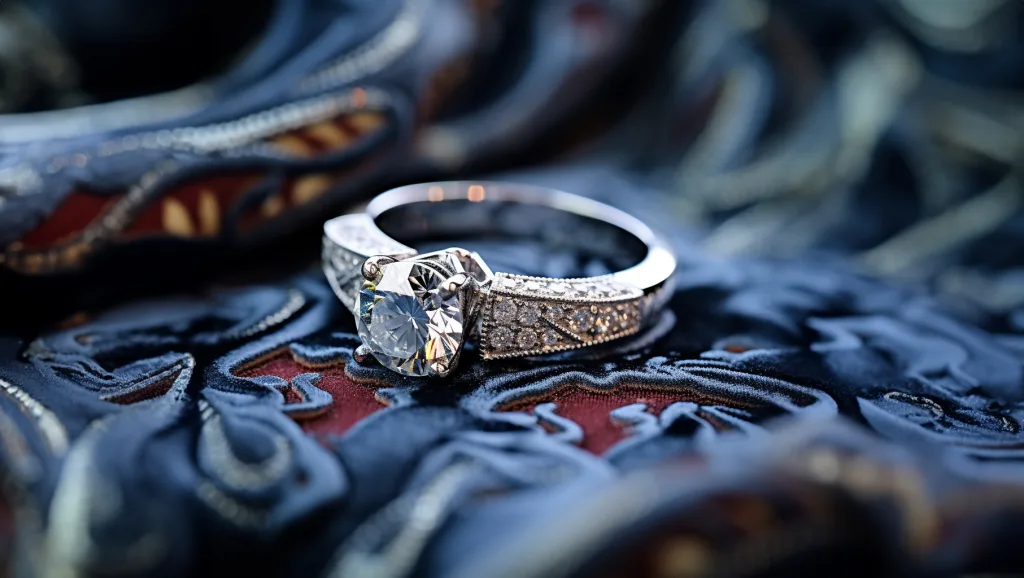 An engagement ring sitting on top of a piece of fabric at The Manor House Castle Combe