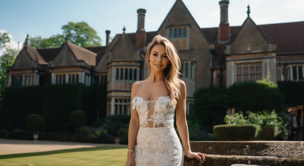 A beautiful bride in a white wedding dress posing in front of a mansion. Wedding Photographer at Wooley Grange