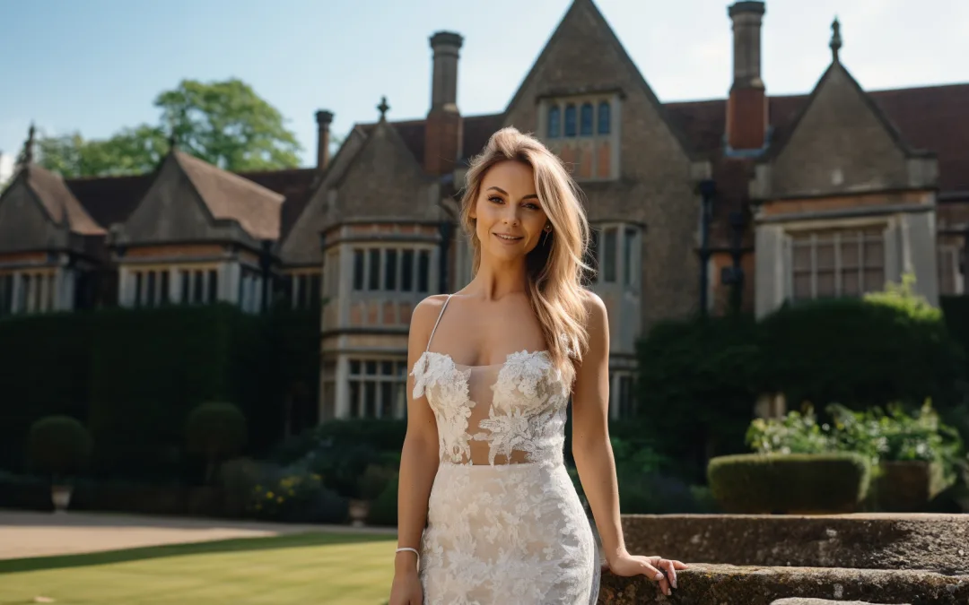 A beautiful bride in a white wedding dress posing in front of a mansion. Wedding Photographer at Wooley Grange