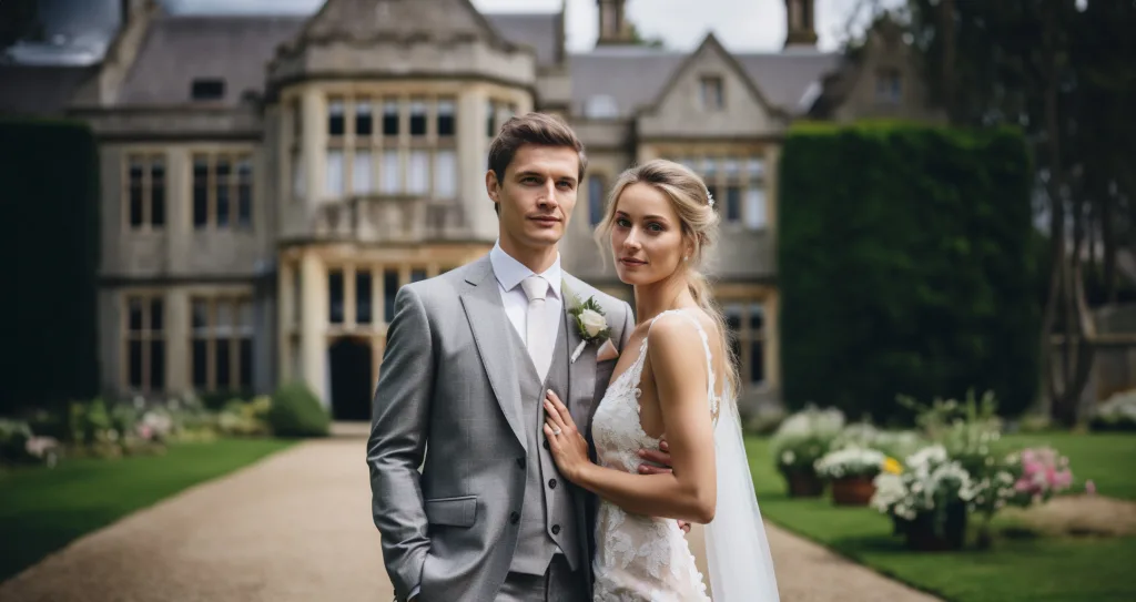 A bride and groom posing in front of a large mansion. Wooley Grange Wedding Photographer