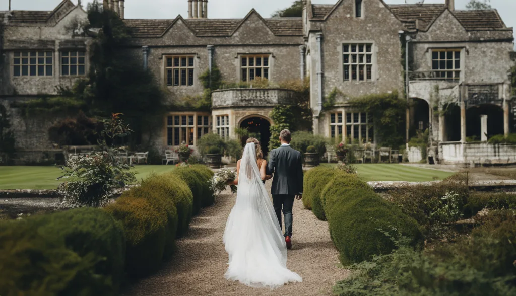 A bride and groom walking in front of a large mansion. Pennard House Wedding Photographers