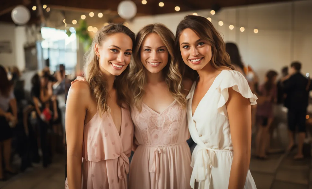 Three bridesmaids posing for a photo at a wedding.Longhouse Wedding Photographer