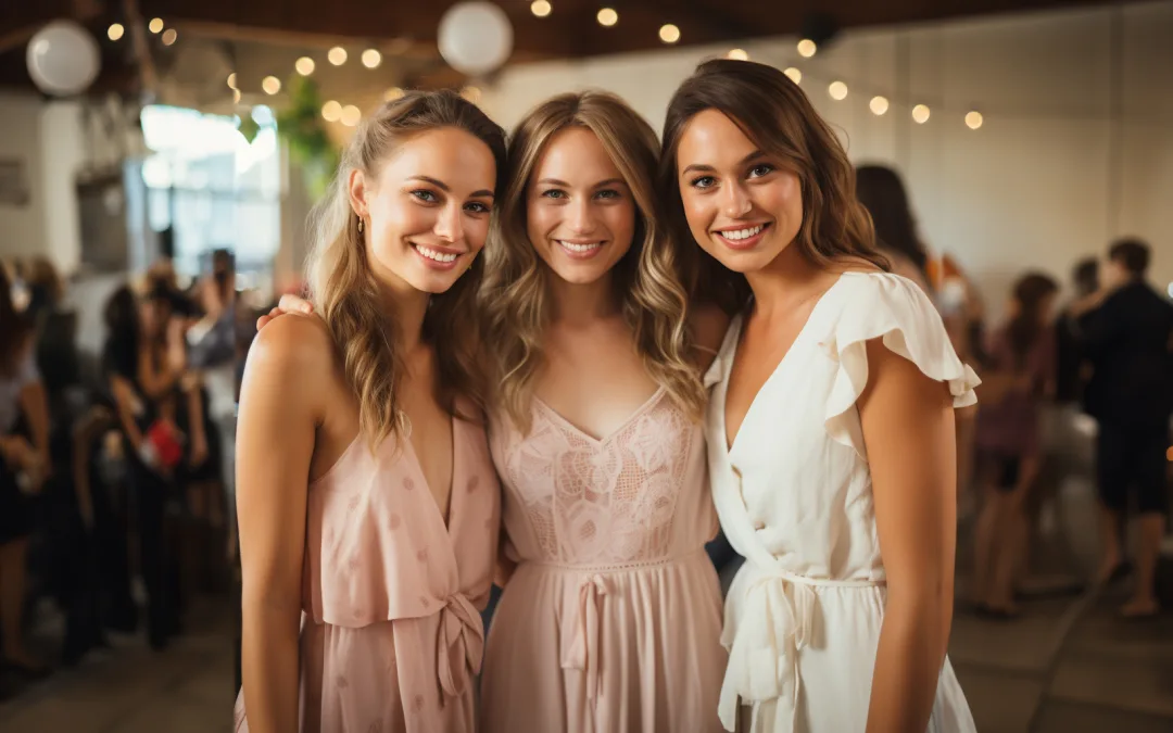 Three bridesmaids posing for a photo at a wedding.Longhouse Wedding Photographer How to choose