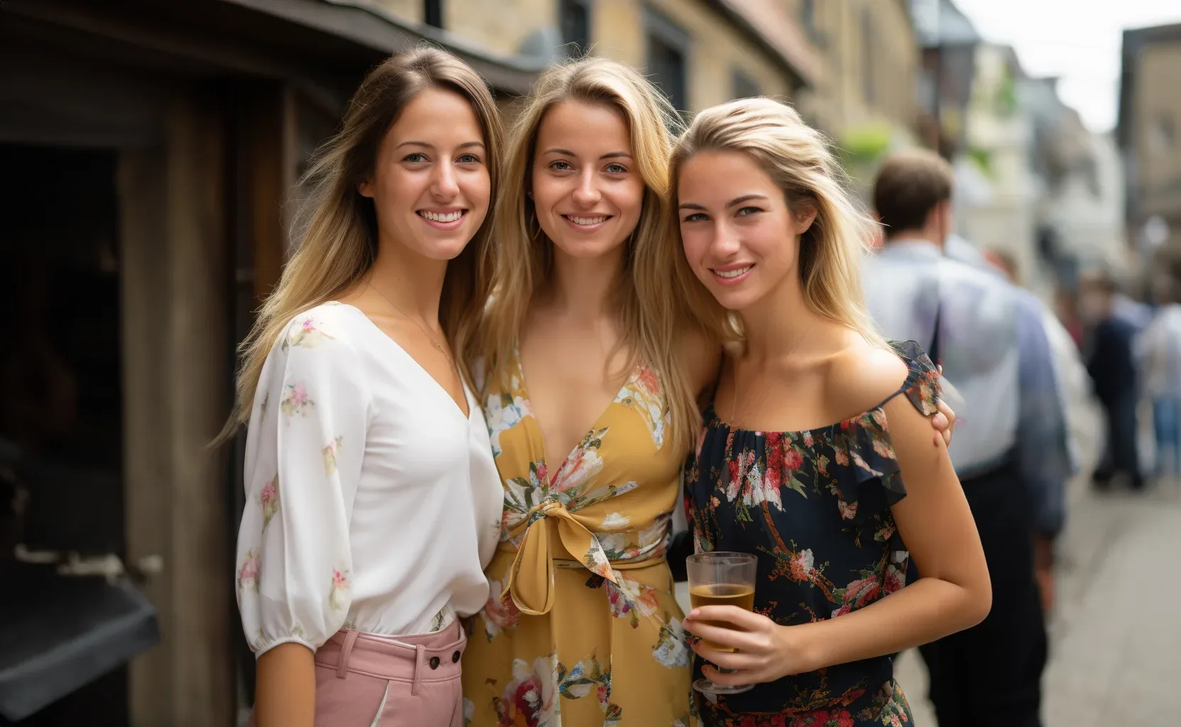 Three young women posing for a photo on a street.