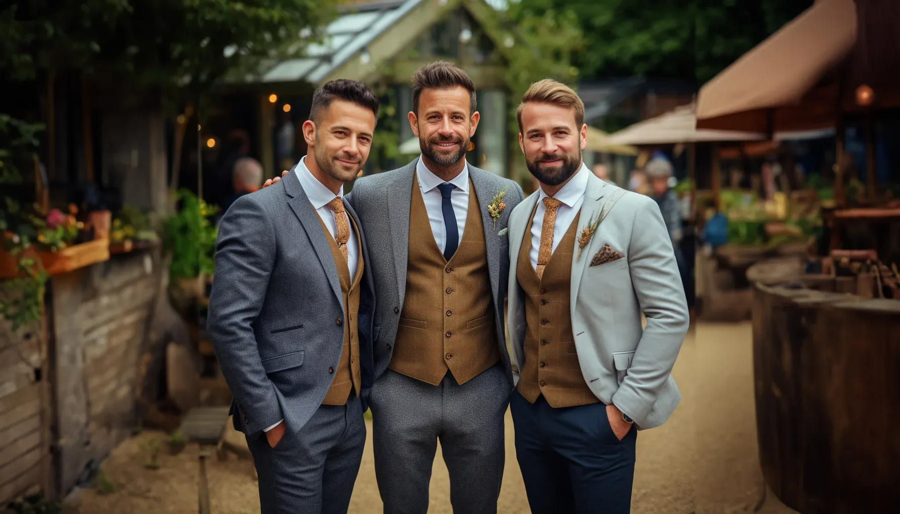 Three groomsmen posing for a photo.