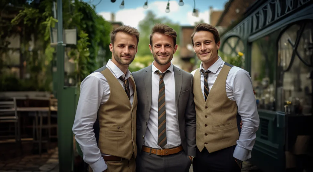 Three men in vests posing for a photo at Coombe Lodge