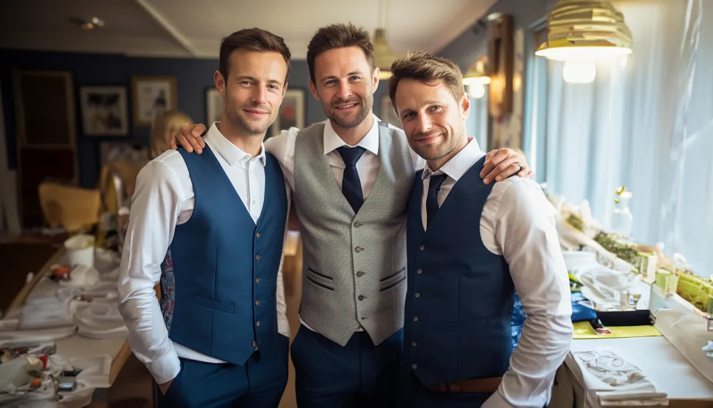 Three men in blue vests posing for a photo. Pennard House Wedding Photographers