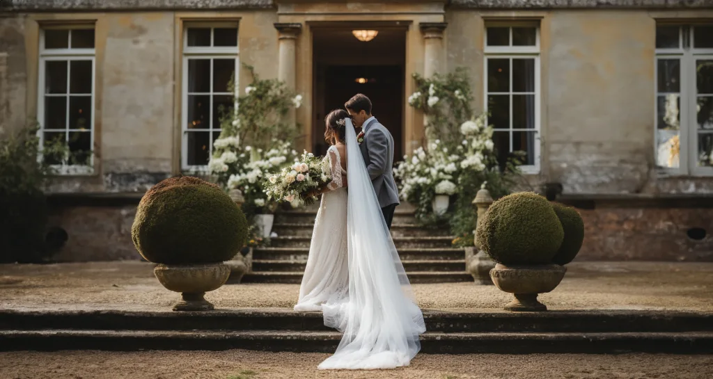 A bride and groom standing on the steps of Babington House a English manor house.