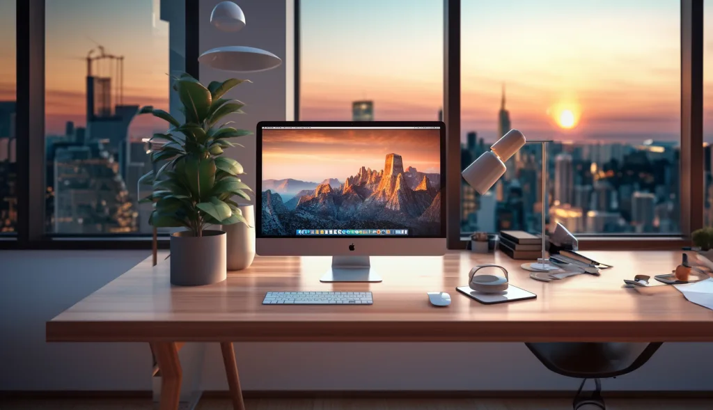A desk with a computer and a view of the city. SEO Services in Frome Somerset