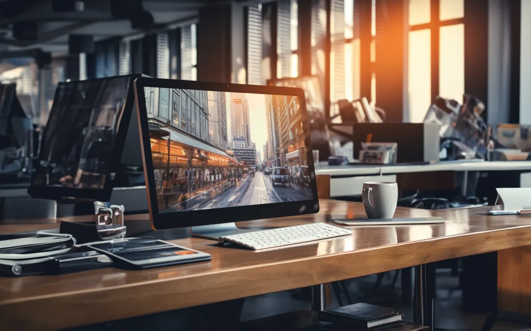 A desk with a computer and monitor in front of a window. Local SEO Frome for small businesses