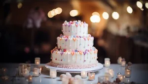 A wedding cake is sitting on a table with candles. Wedding Charity