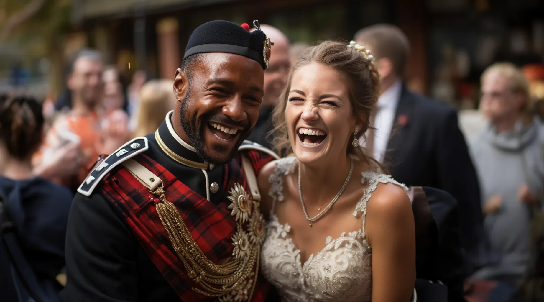A bride and groom dressed in kilts are laughing together. documentary Wedding Photographer