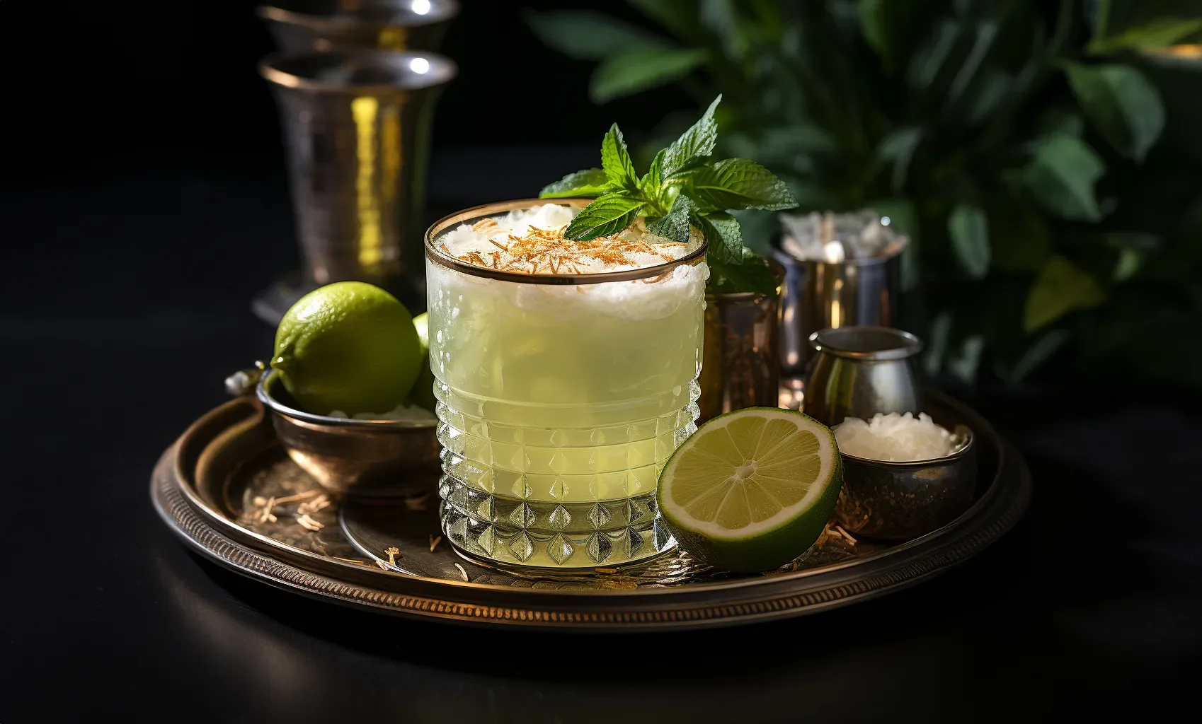 A cocktail with lime and mint on a tray. Planning Food at your wedding