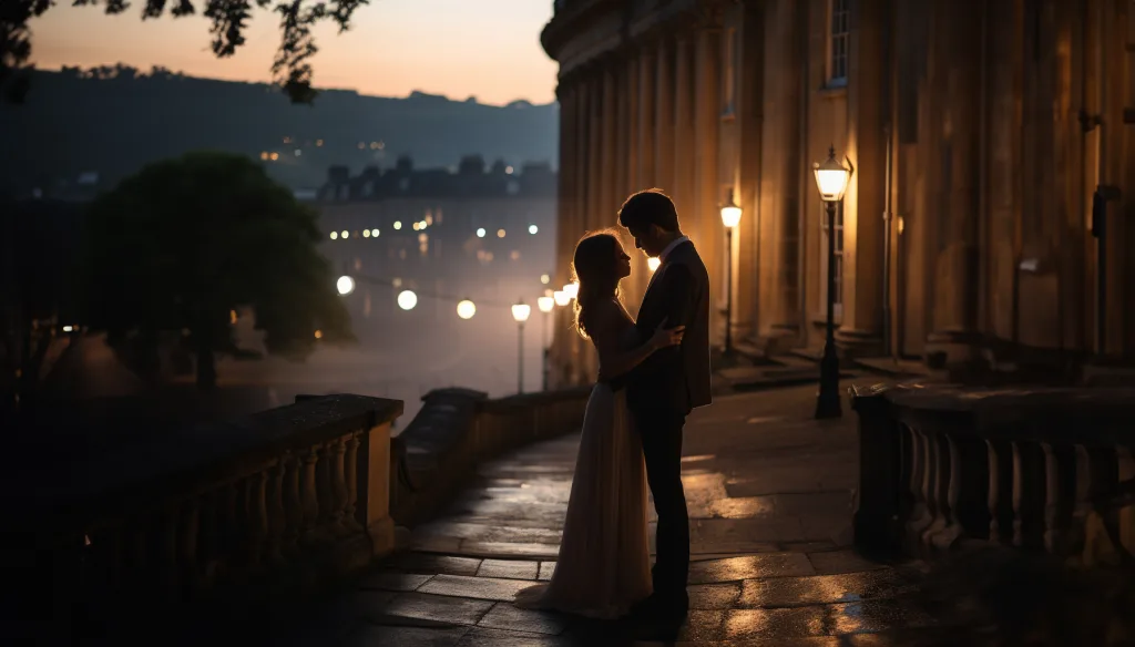A bride and groom kissing on the steps of a building at dusk. Royal Crescent Wedding Photographer