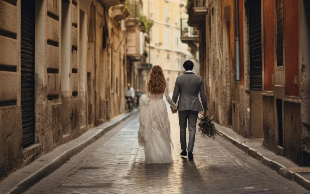 A bride and groom walking down an alleyway. candid Wedding Photographer.Wedding Dresses
