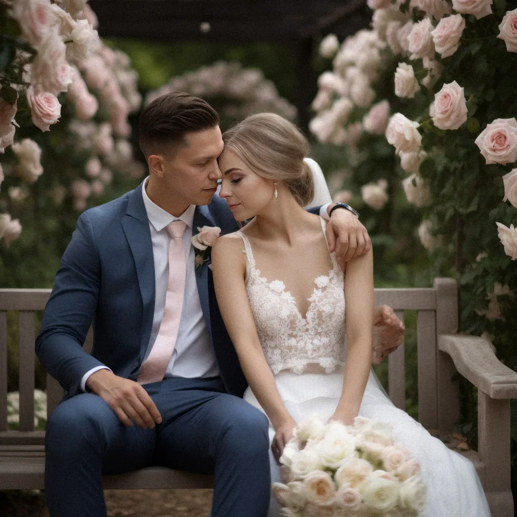 A bride and groom sitting on a bench in a rose garden at Wooley Grange Wedding Photographer