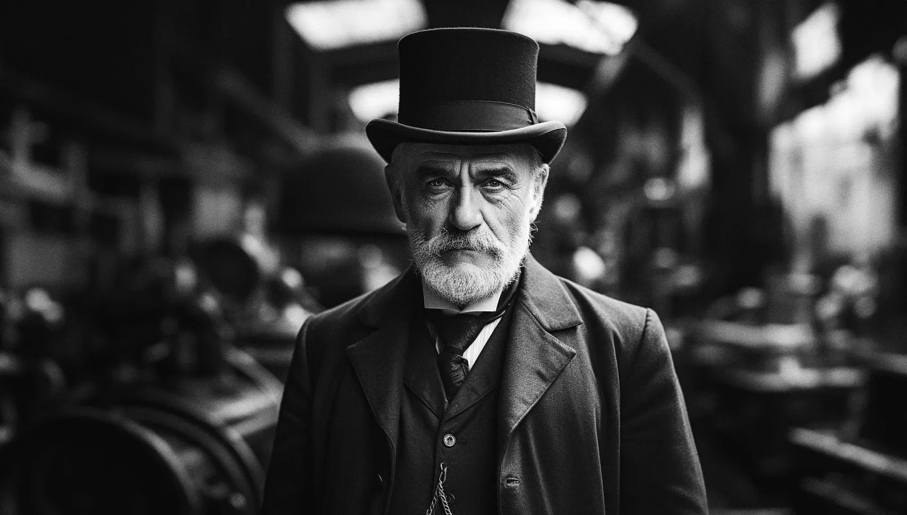 An old man in a top hat standing in a train station.  Fox Talbot