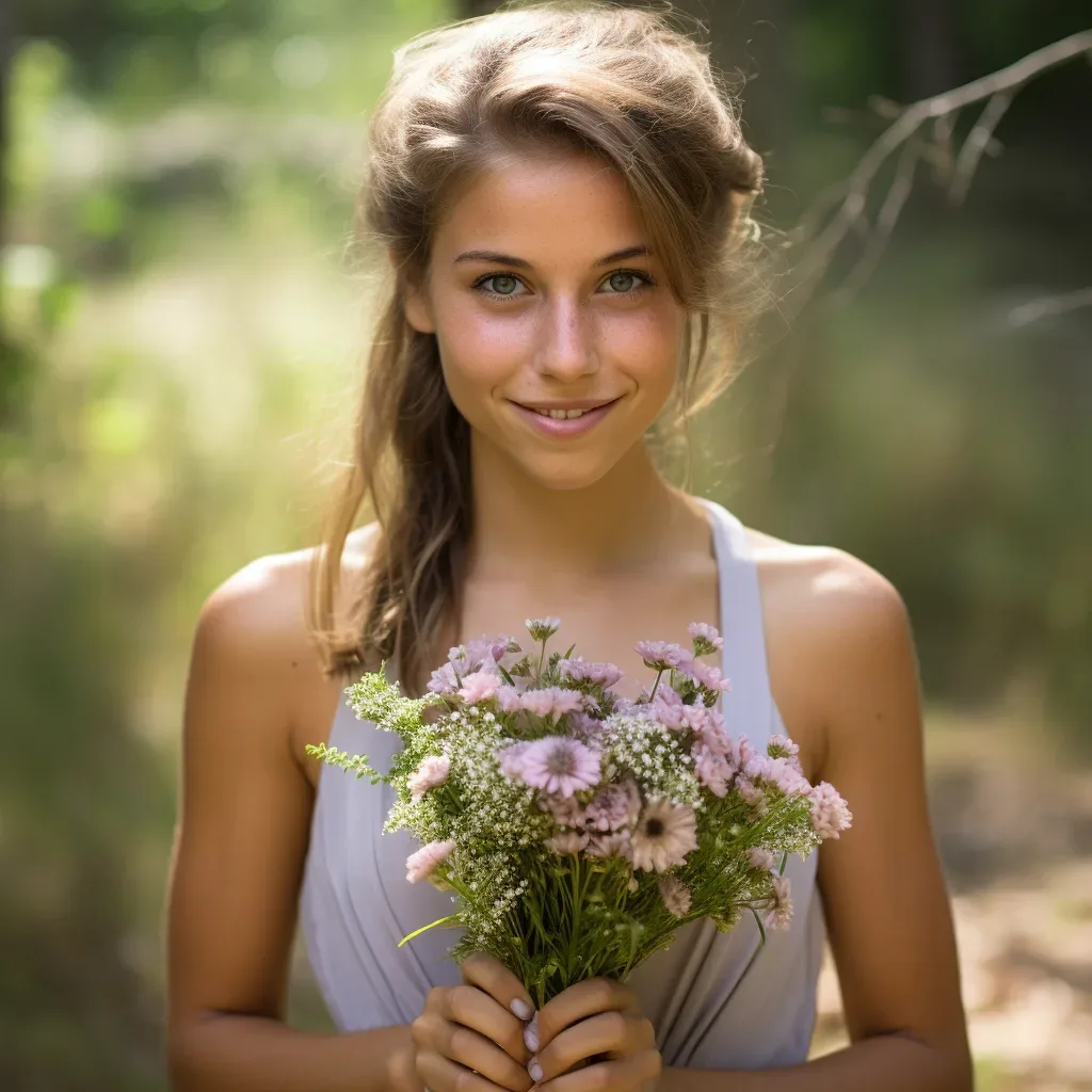A young woman holding a bouquet of flowers in the woods at Elmhay Park Frome and St Andries Park