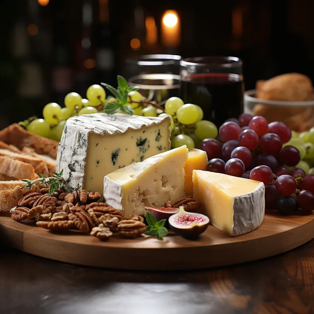 A platter of cheese, grapes and nuts on a wooden board.