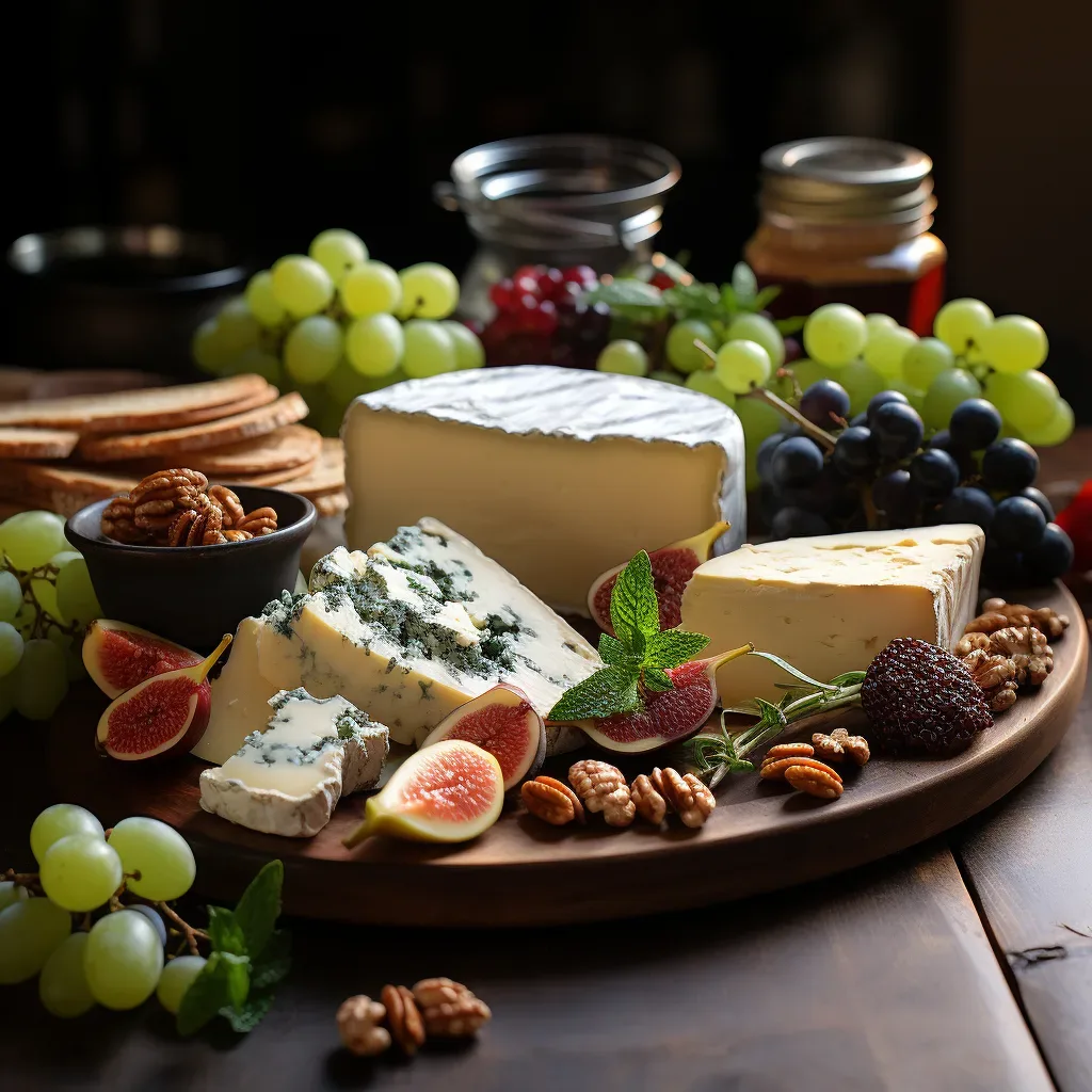 A platter of cheese, grapes, nuts and crackers on a wooden table.